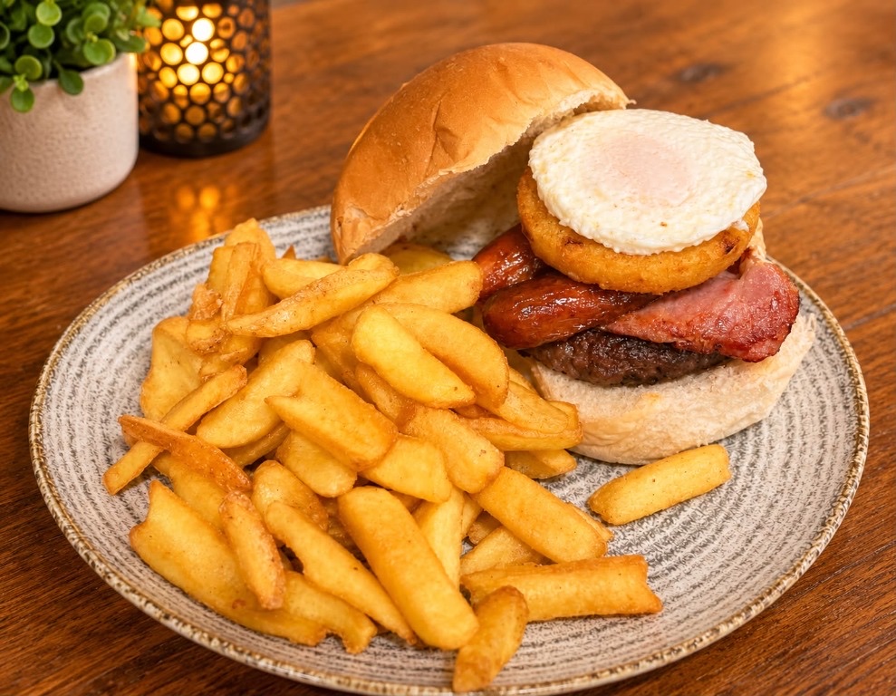 A breakfast burger topped with bacon, sausage, hash brown and a fried egg, served with chips.