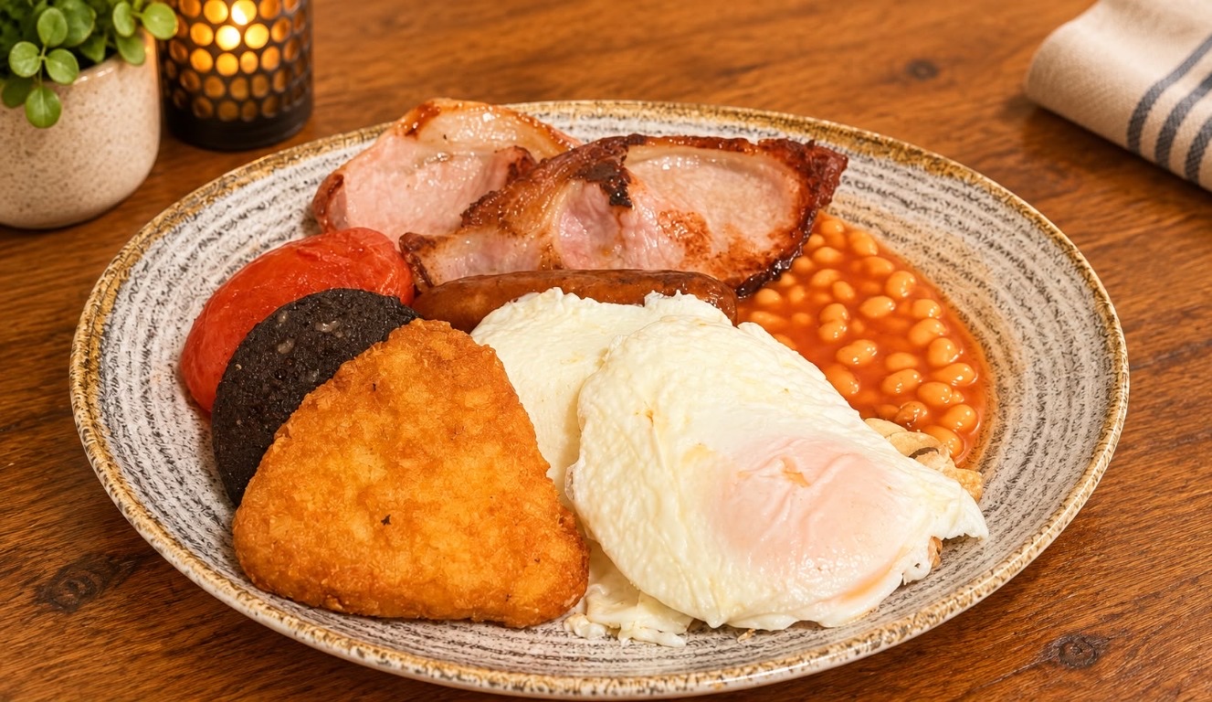A Coast Cafe breakfast with bacon, sausage, fried eggs, hash browns, black pudding, tomato and beans.